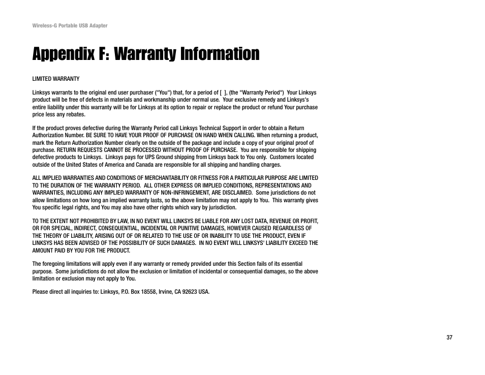 Appendix f: warranty information | Linksys WUSB54GP User Manual | Page 43 / 45