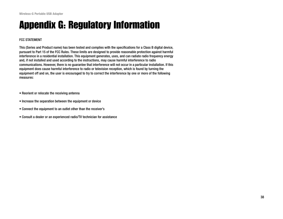 Appendix g: regulatory information | Linksys WUSB54GP User Manual | Page 44 / 45