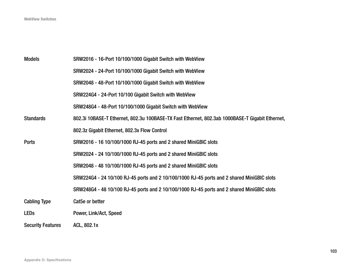 Appendix d: specifications | Linksys SRW2016 User Manual | Page 113 / 123