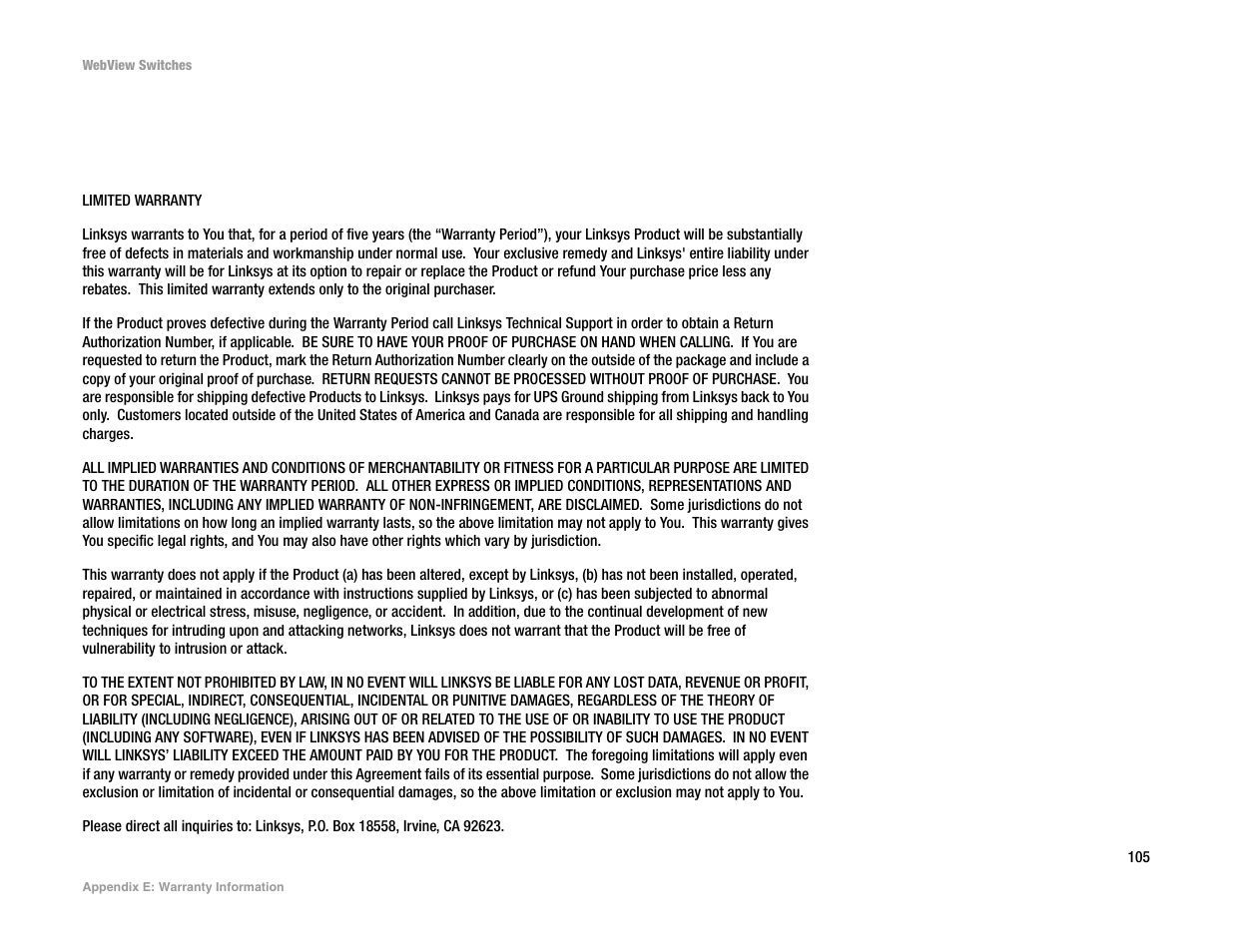 Appendix e: warranty information | Linksys SRW2016 User Manual | Page 115 / 123