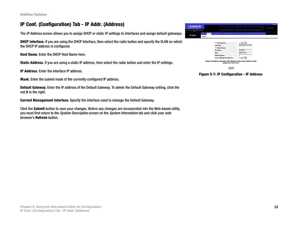 Ip conf. (configuration) tab - ip addr. (address) | Linksys SRW2016 User Manual | Page 34 / 123