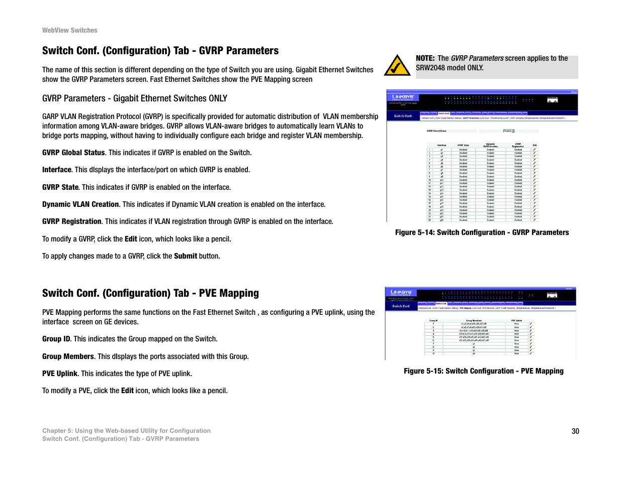 Switch conf. (configuration) tab - gvrp parameters, Switch conf. (configuration) tab - pve mapping | Linksys SRW2016 User Manual | Page 40 / 123