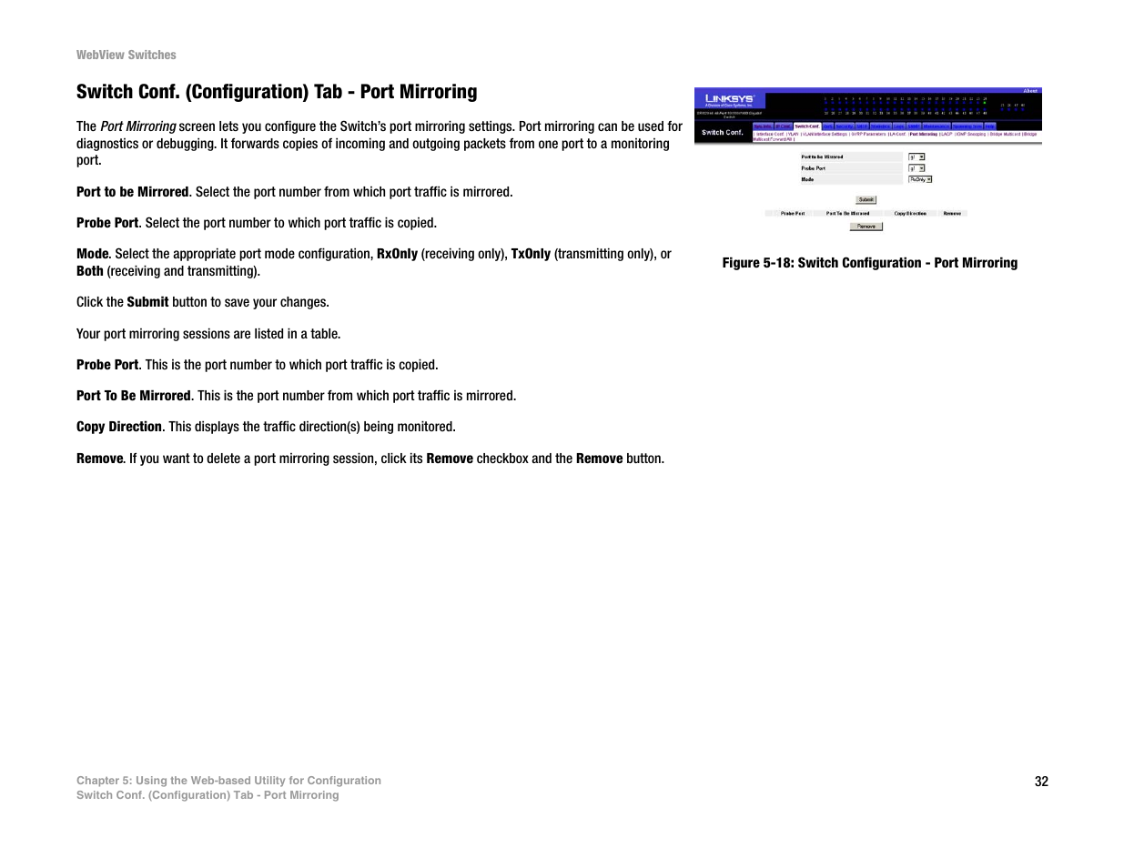 Switch conf. (configuration) tab - port mirroring | Linksys SRW2016 User Manual | Page 42 / 123