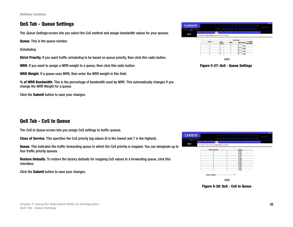 Qos tab - queue settings, Qos tab - cos to queue | Linksys SRW2016 User Manual | Page 48 / 123