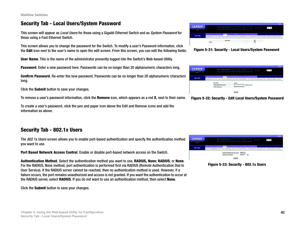 Security tab - local users/system password, Security tab - 802.1x users | Linksys SRW2016 User Manual | Page 50 / 123