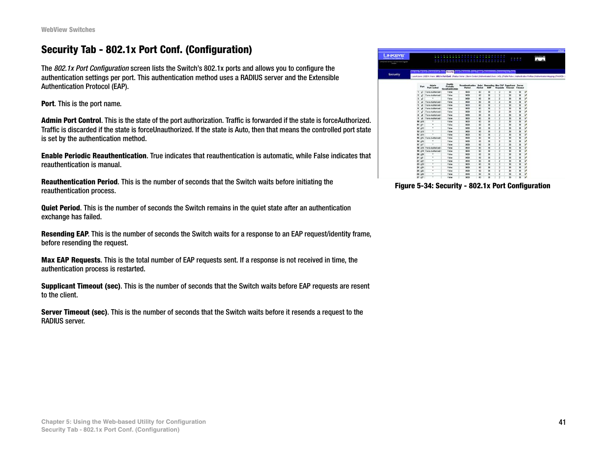 Security tab - 802.1x port conf. (configuration) | Linksys SRW2016 User Manual | Page 51 / 123