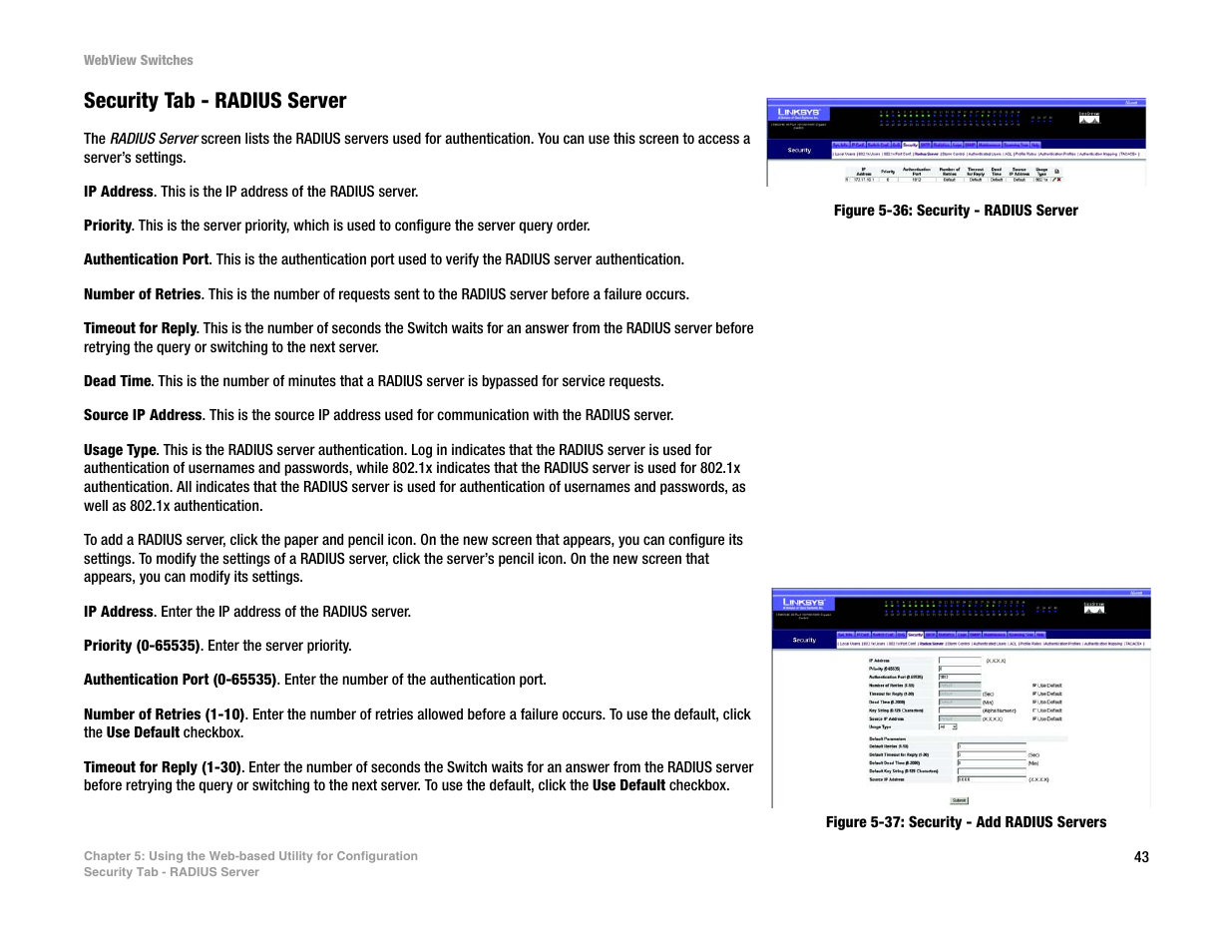 Security tab - radius server | Linksys SRW2016 User Manual | Page 53 / 123