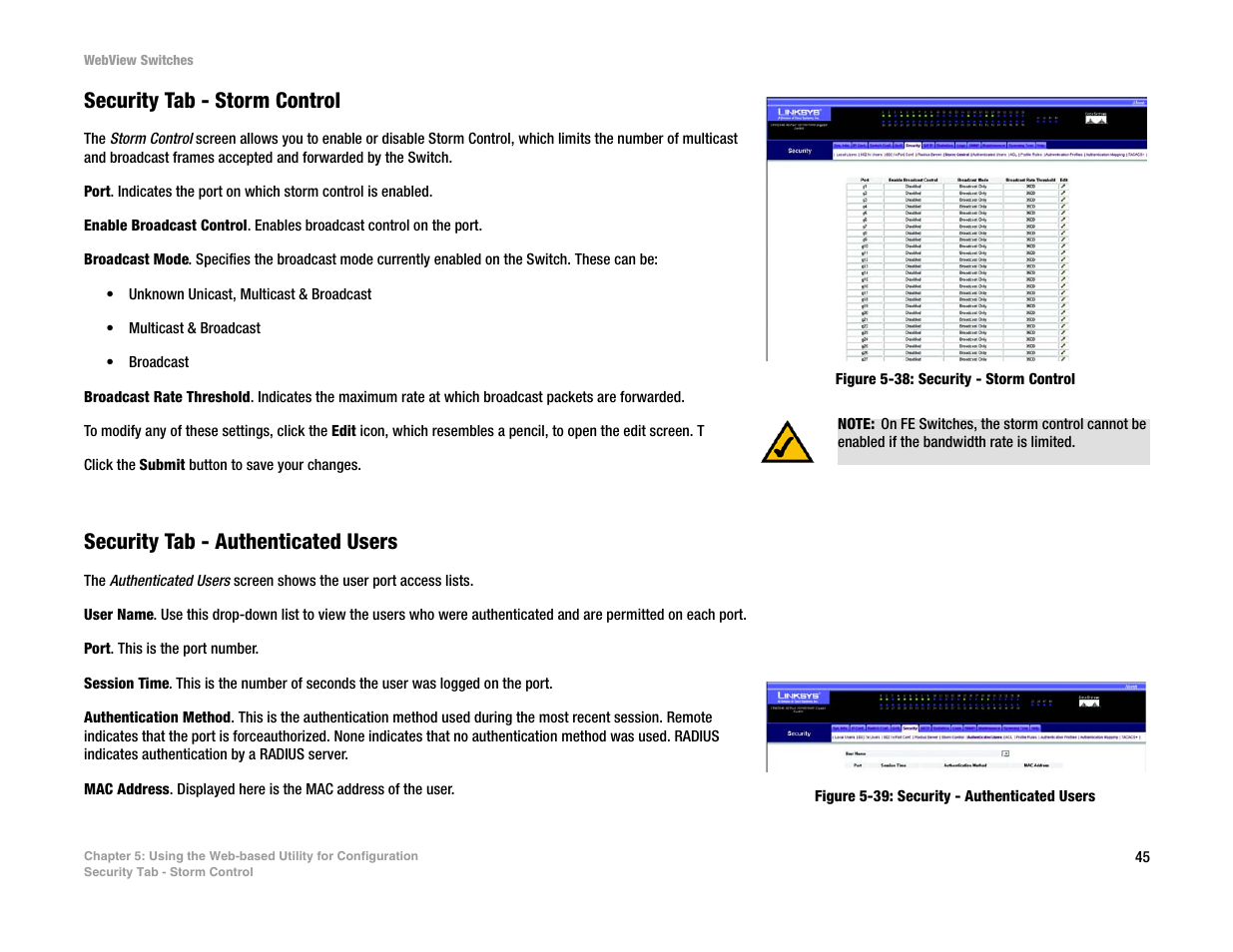 Security tab - storm control, Security tab - authenticated users | Linksys SRW2016 User Manual | Page 55 / 123