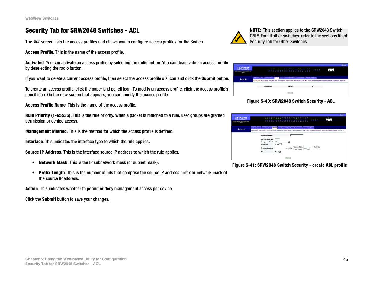 Security tab for srw2048 switches - acl | Linksys SRW2016 User Manual | Page 56 / 123