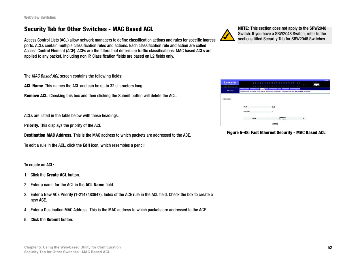 Security tab for other switches - mac based acl | Linksys SRW2016 User Manual | Page 62 / 123