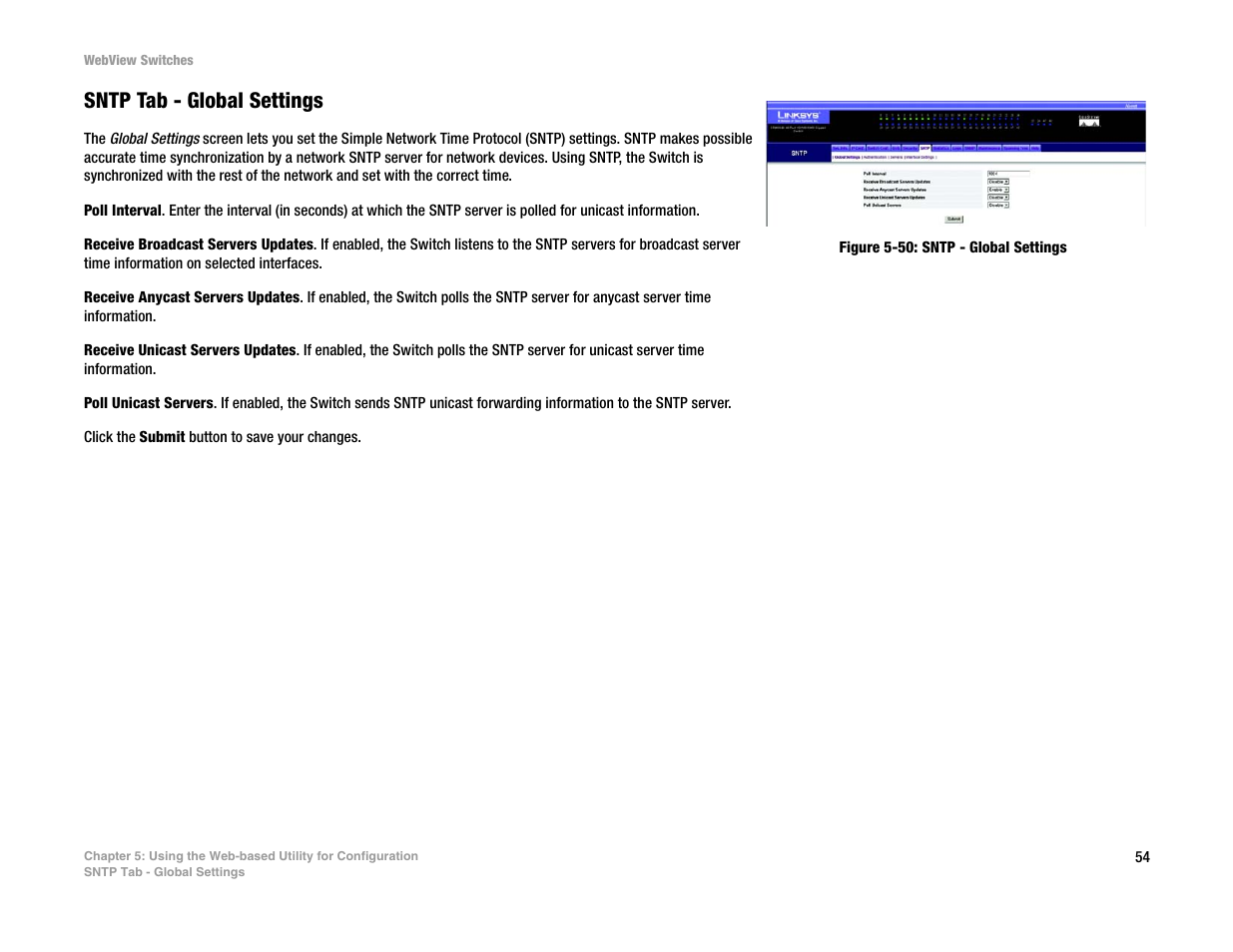 Sntp tab - global settings | Linksys SRW2016 User Manual | Page 64 / 123