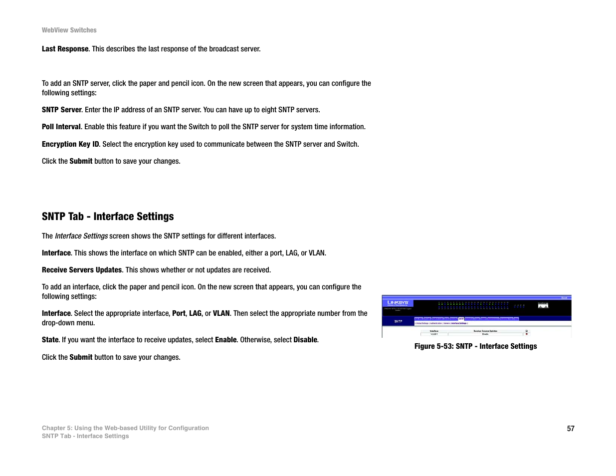 Sntp tab - interface settings | Linksys SRW2016 User Manual | Page 67 / 123