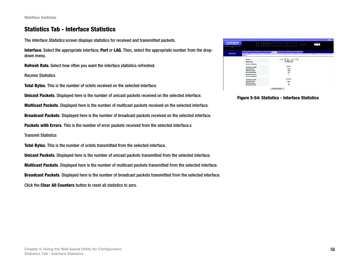 Statistics tab - interface statistics | Linksys SRW2016 User Manual | Page 68 / 123