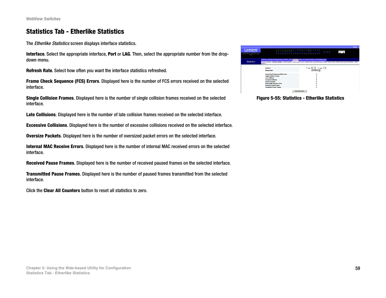 Statistics tab - etherlike statistics | Linksys SRW2016 User Manual | Page 69 / 123
