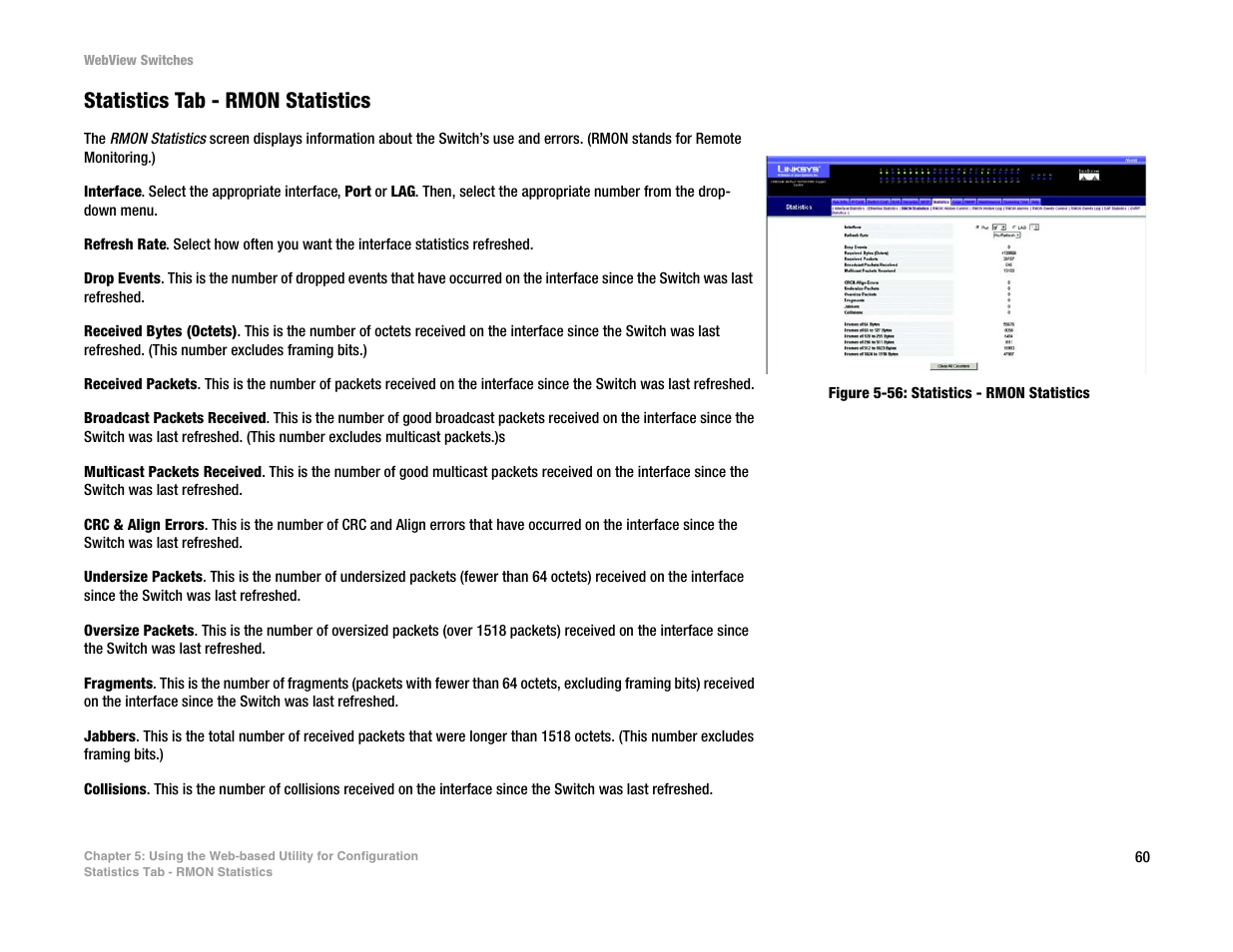 Statistics tab - rmon statistics | Linksys SRW2016 User Manual | Page 70 / 123