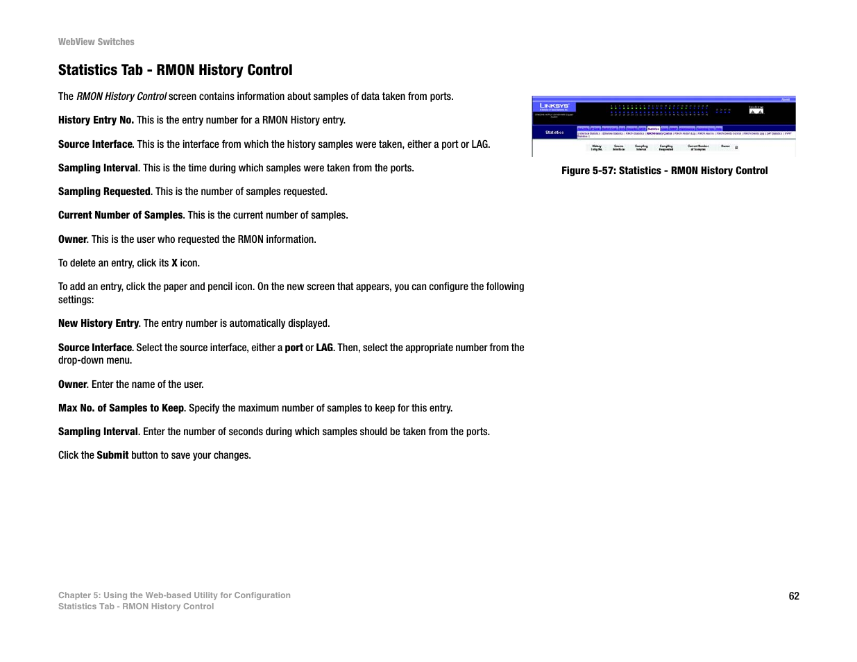 Statistics tab - rmon history control | Linksys SRW2016 User Manual | Page 72 / 123