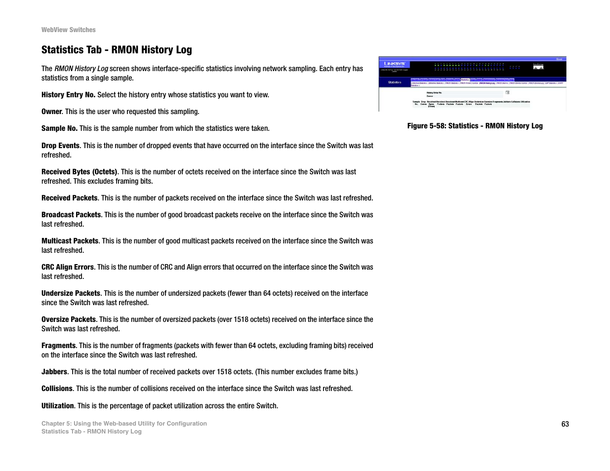 Statistics tab - rmon history log | Linksys SRW2016 User Manual | Page 73 / 123