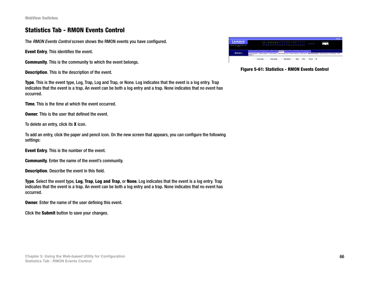 Statistics tab - rmon events control | Linksys SRW2016 User Manual | Page 76 / 123