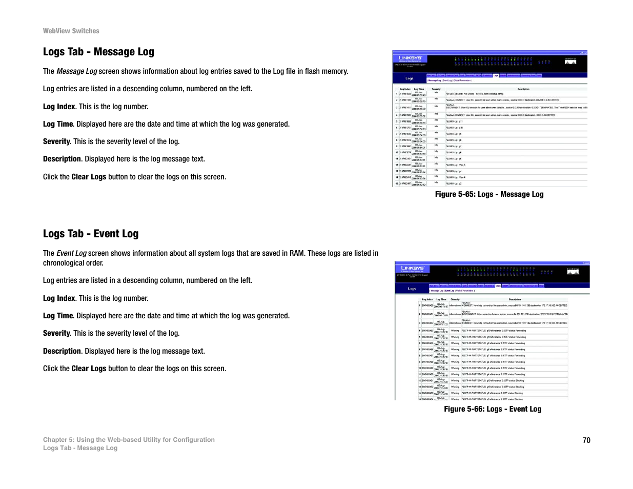 Logs tab - message log, Logs tab - event log | Linksys SRW2016 User Manual | Page 80 / 123