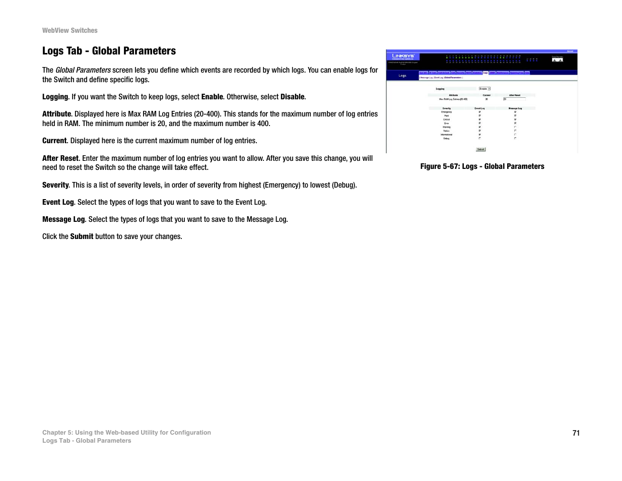 Logs tab - global parameters | Linksys SRW2016 User Manual | Page 81 / 123
