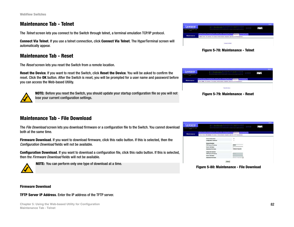 Maintenance tab - telnet, Maintenance tab - reset, Maintenance tab - file download | Linksys SRW2016 User Manual | Page 92 / 123