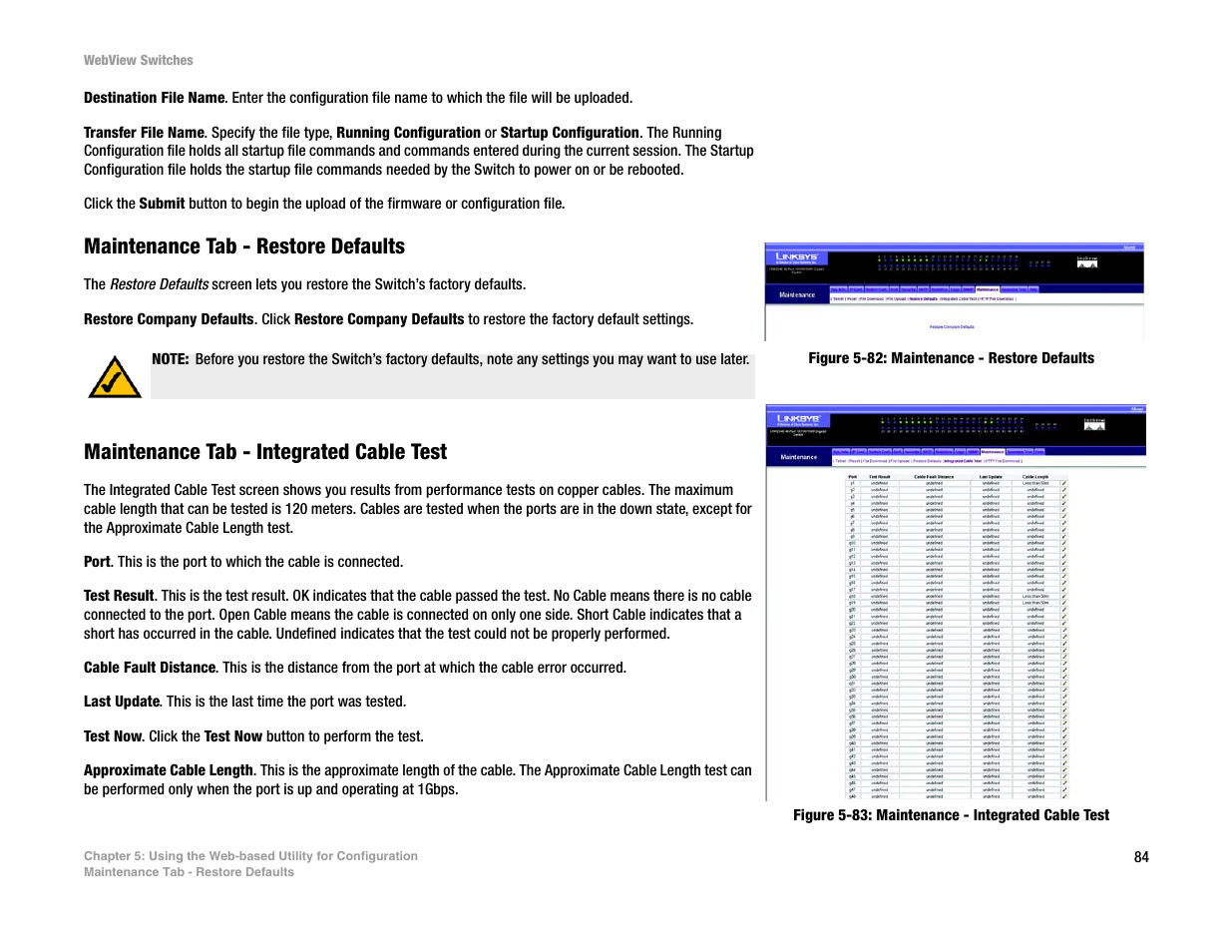 Maintenance tab - restore defaults, Maintenance tab - integrated cable test | Linksys SRW2016 User Manual | Page 94 / 123