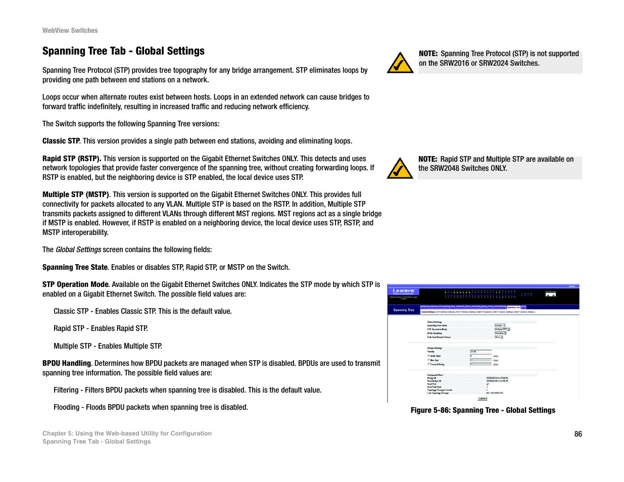 Spanning tree tab - global settings | Linksys SRW2016 User Manual | Page 96 / 123