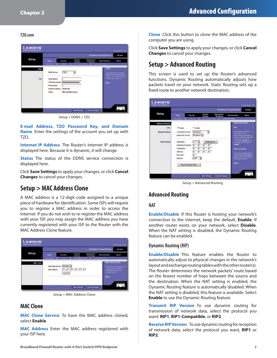Setup > mac address clone, Setup > advanced routing, Setup > mac address clone setup > advanced routing | Advanced configuration, Mac clone, Advanced routing | Linksys BEFSX41 User Manual | Page 10 / 43