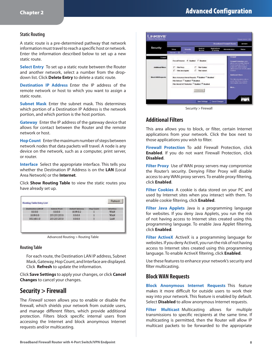Security > firewall, Advanced configuration, Additional filters | Block wan requests | Linksys BEFSX41 User Manual | Page 11 / 43