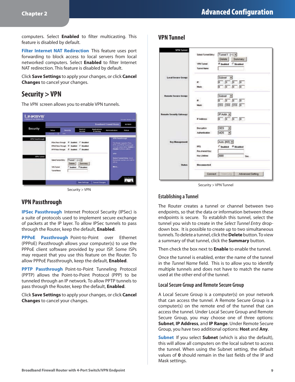 Security > vpn, Advanced configuration, Vpn passthrough | Vpn tunnel | Linksys BEFSX41 User Manual | Page 12 / 43