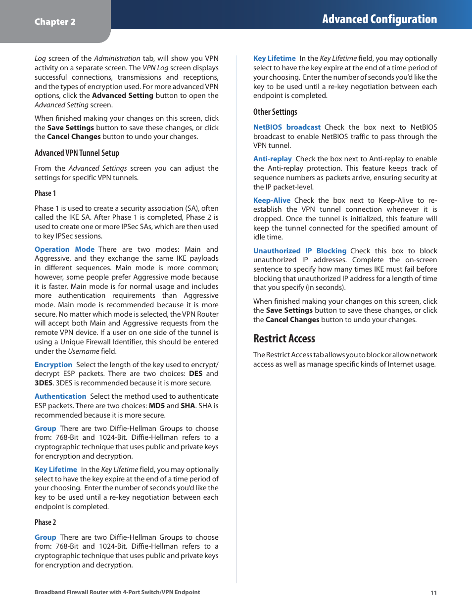 Restrict access, Advanced configuration | Linksys BEFSX41 User Manual | Page 14 / 43