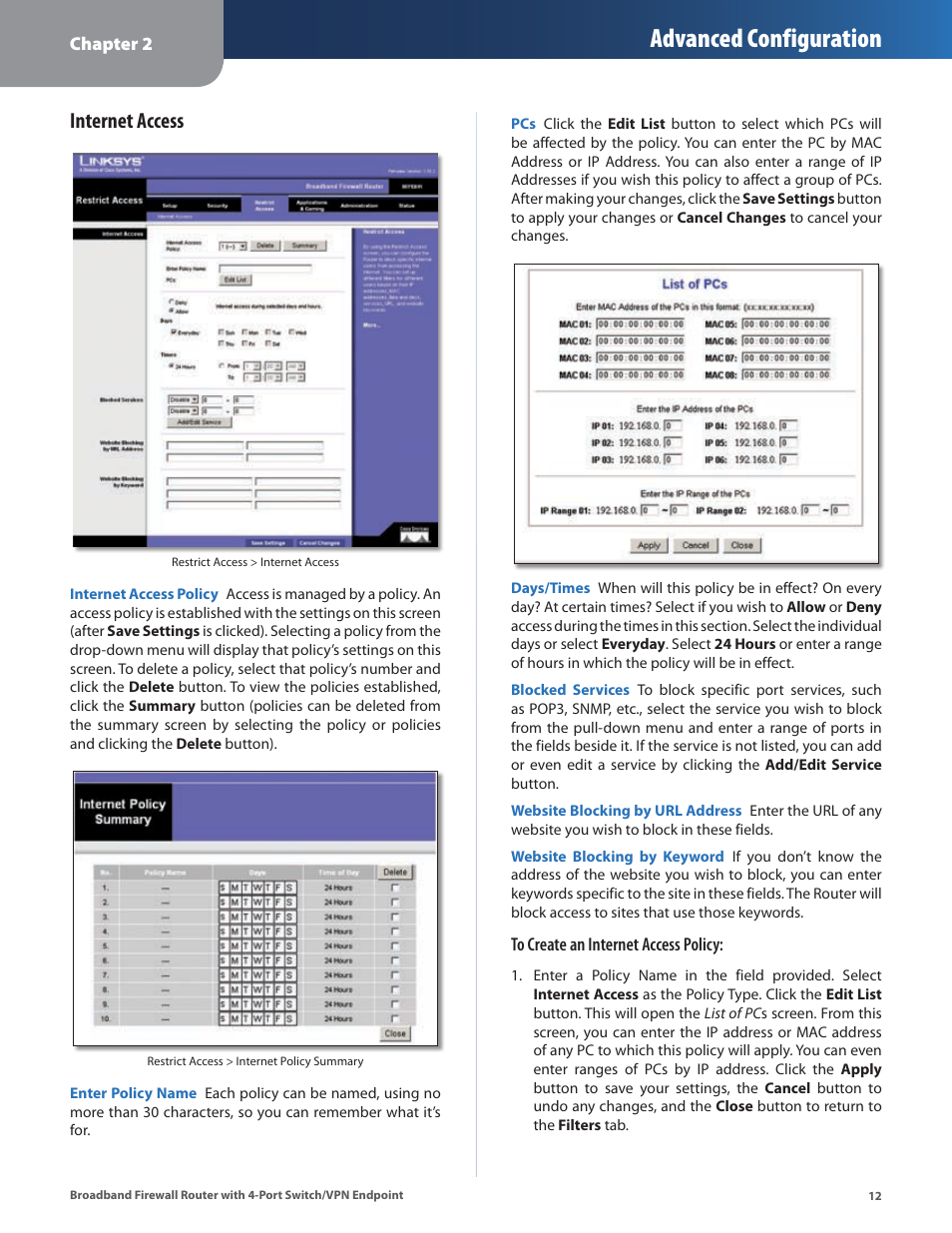 Advanced configuration, Internet access | Linksys BEFSX41 User Manual | Page 15 / 43