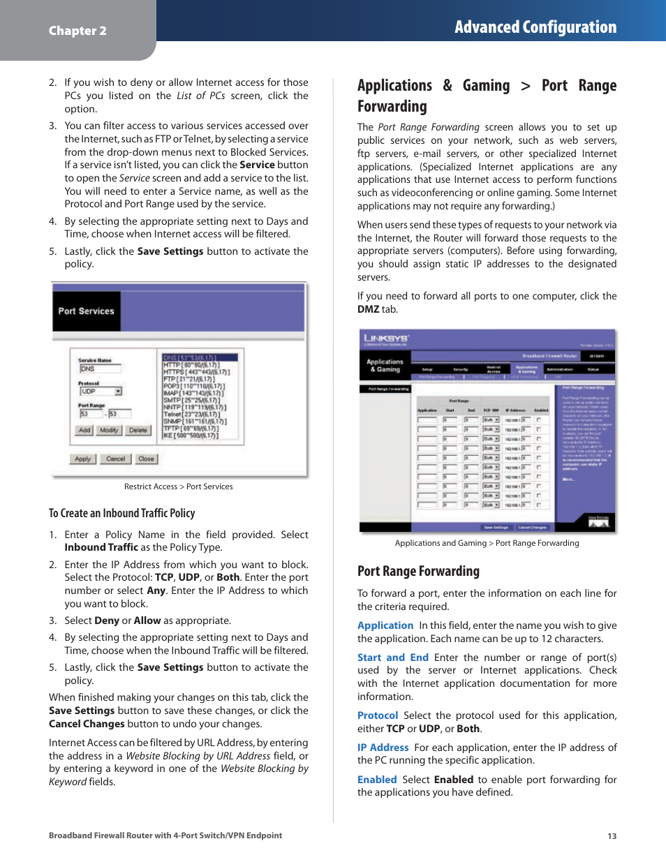 Advanced configuration, Applications & gaming > port range forwarding, Port range forwarding | Linksys BEFSX41 User Manual | Page 16 / 43