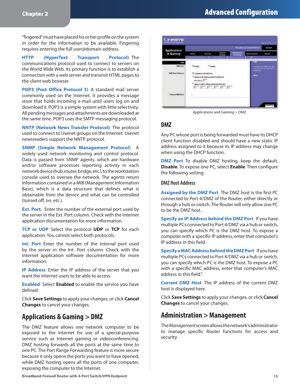Applications & gaming > dmz, Administration > management, Advanced configuration | Linksys BEFSX41 User Manual | Page 18 / 43