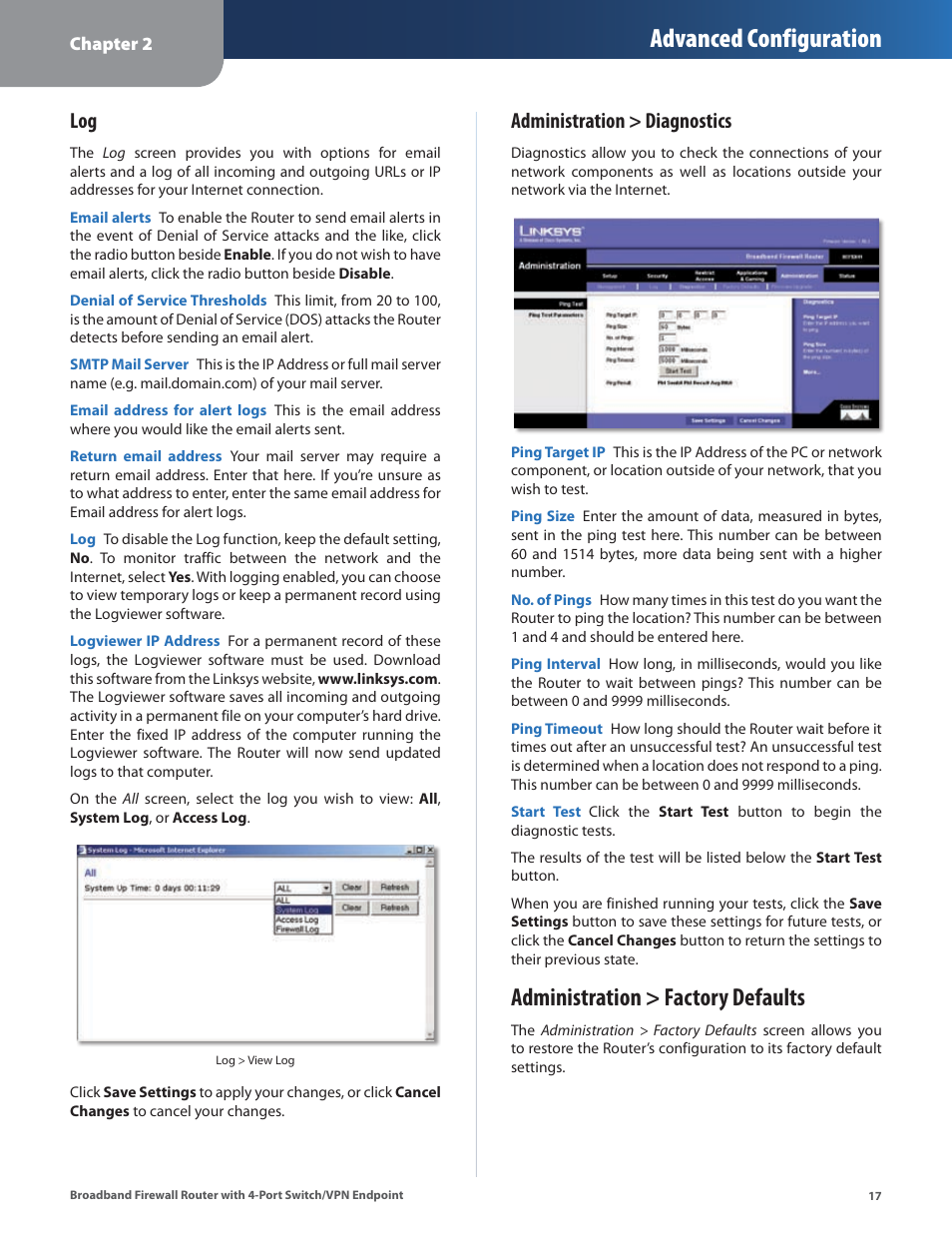 Administration > factory defaults, Advanced configuration, Administration > diagnostics | Linksys BEFSX41 User Manual | Page 20 / 43