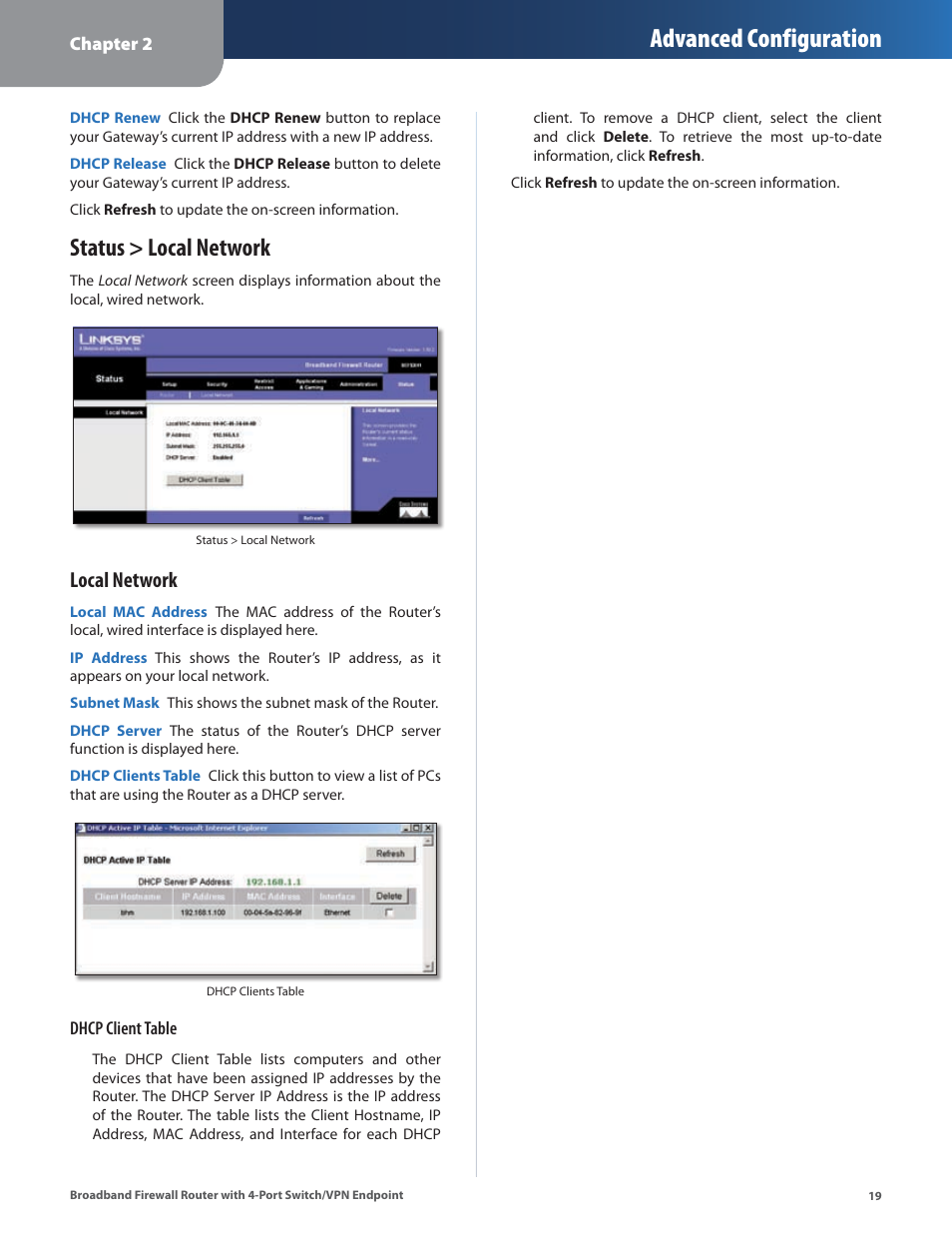 Status > local network, Advanced configuration, Local network | Linksys BEFSX41 User Manual | Page 22 / 43