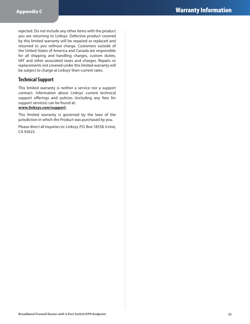 Warranty information, Technical support | Linksys BEFSX41 User Manual | Page 26 / 43