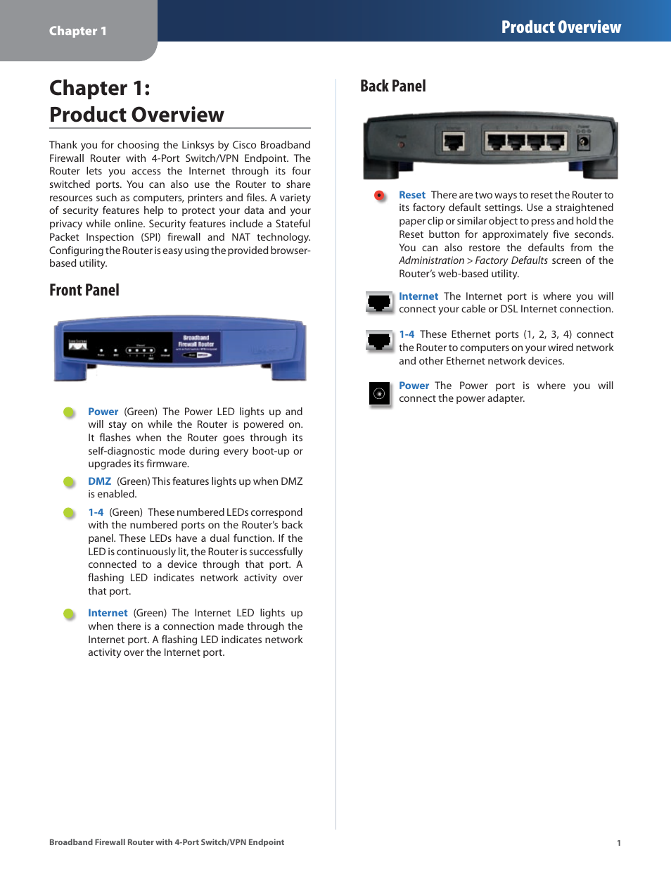 Chapter 1: product overview, Front panel, Back panel | Front panel back panel, Product overview | Linksys BEFSX41 User Manual | Page 4 / 43