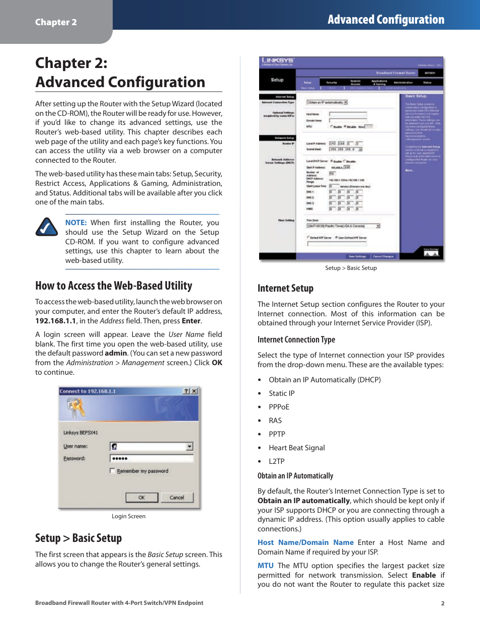 Chapter 2: advanced configuration, How to access the web-based utility, Setup > basic setup | Advanced configuration, Internet setup | Linksys BEFSX41 User Manual | Page 5 / 43
