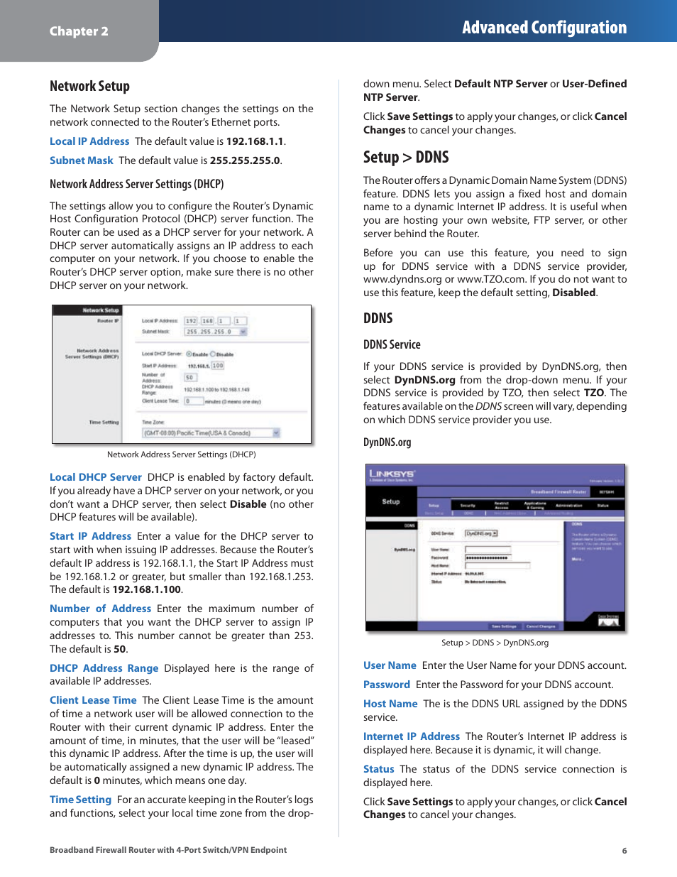 Setup > ddns, Advanced configuration, Network setup | Ddns | Linksys BEFSX41 User Manual | Page 9 / 43
