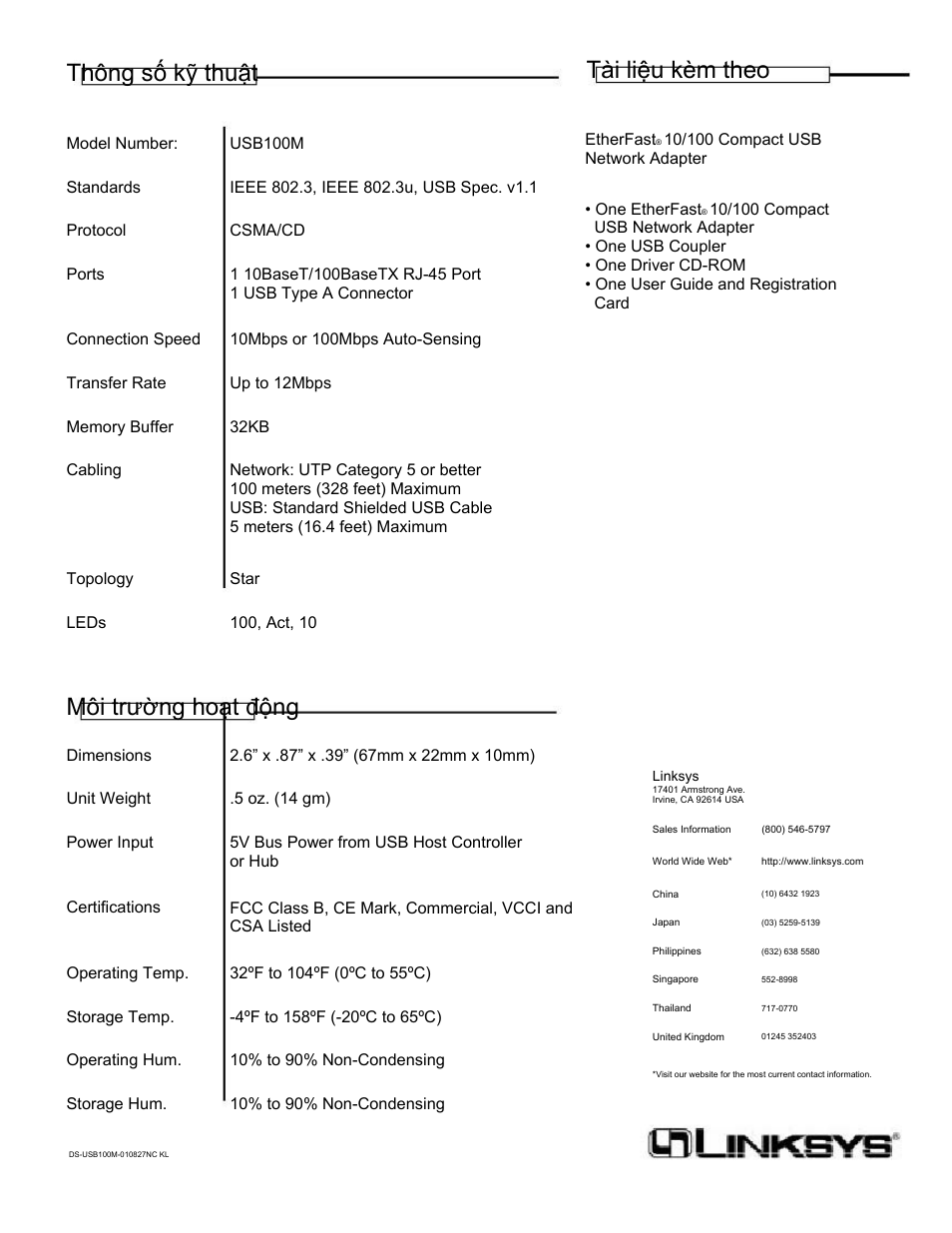 Thông số kỹ thuật, Tài liệu kèm theo, Môi trường hoạt động | Linksys USB100M User Manual | Page 2 / 2