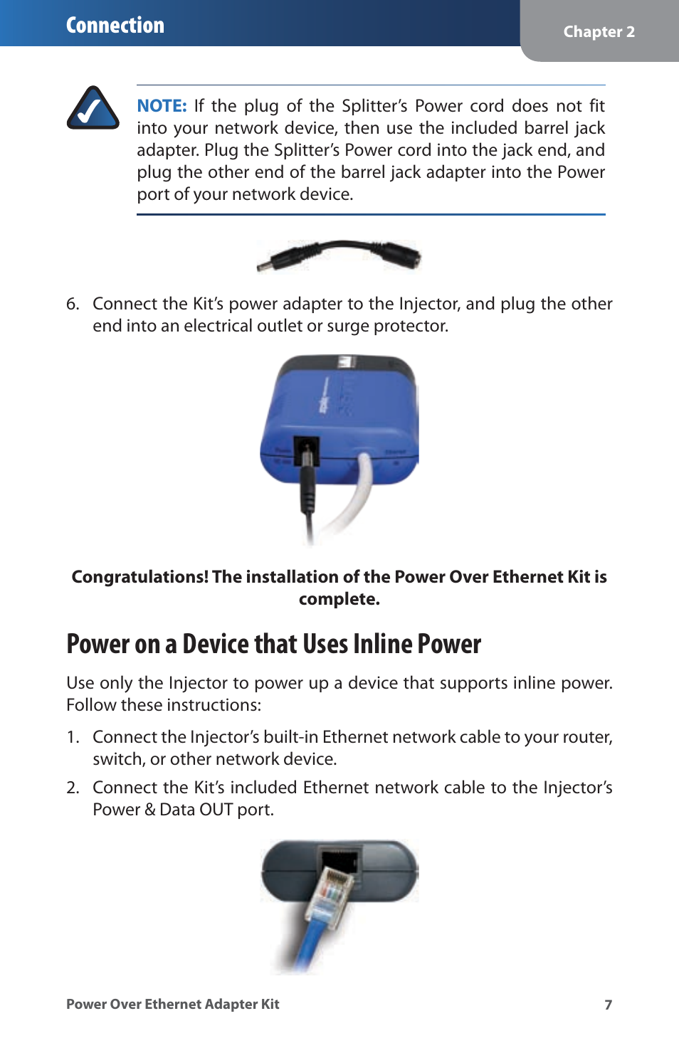 Power on a device that uses inline power, Connection | Linksys WAPPOE User Manual | Page 11 / 28