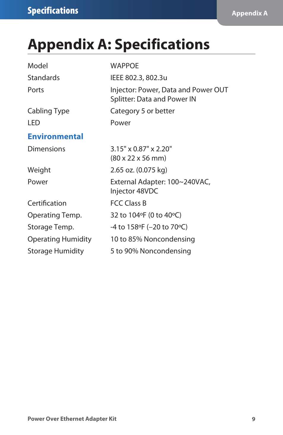 Appendix a: specifications, Appendxa:specfcatons, Specifications | Linksys WAPPOE User Manual | Page 13 / 28