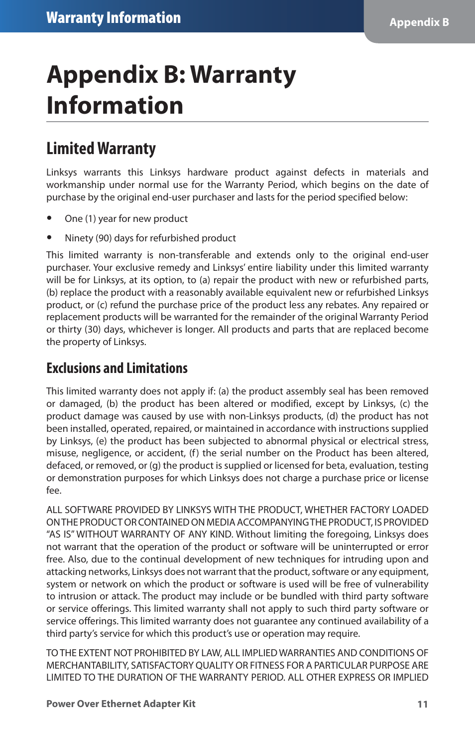 Appendix b: warranty information, Limited warranty, Appendxb:warranty informaton | Warranty information, Exclusions and limitations | Linksys WAPPOE User Manual | Page 15 / 28