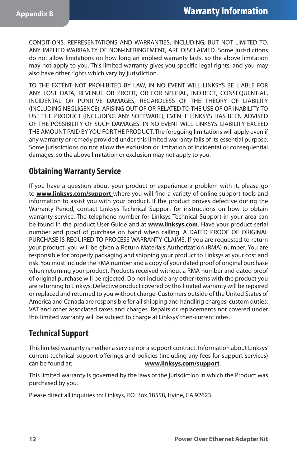 Warranty information, Obtaining warranty service, Technical support | Linksys WAPPOE User Manual | Page 16 / 28