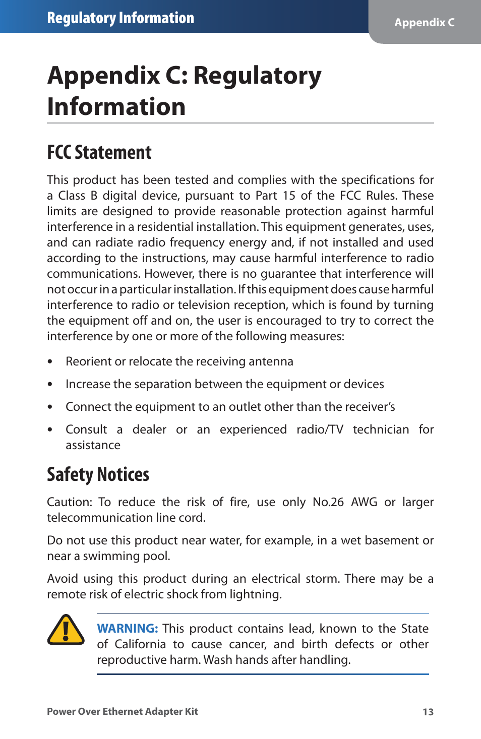 Appendix c: regulatory information, Fcc statement, Safety notices | Fcc statement safety notices, Appendxc:regulatory informaton, Regulatory information | Linksys WAPPOE User Manual | Page 17 / 28