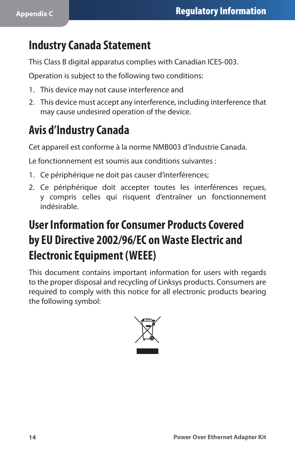 Industry canada statement, Avis d’industry canada, Regulatory information | Linksys WAPPOE User Manual | Page 18 / 28