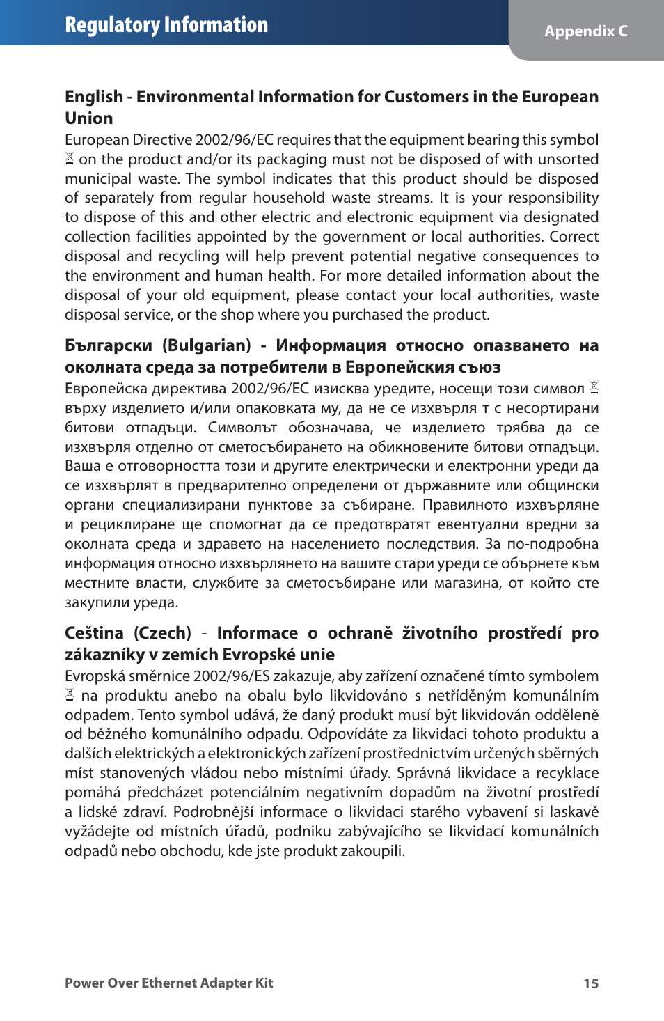 Regulatory information | Linksys WAPPOE User Manual | Page 19 / 28
