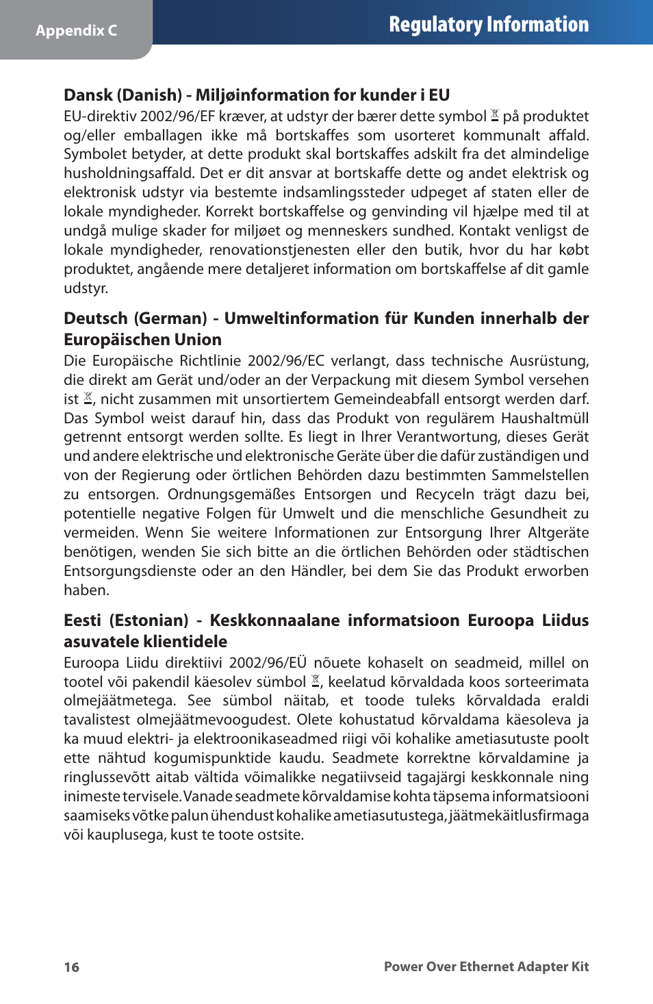 Regulatory information | Linksys WAPPOE User Manual | Page 20 / 28