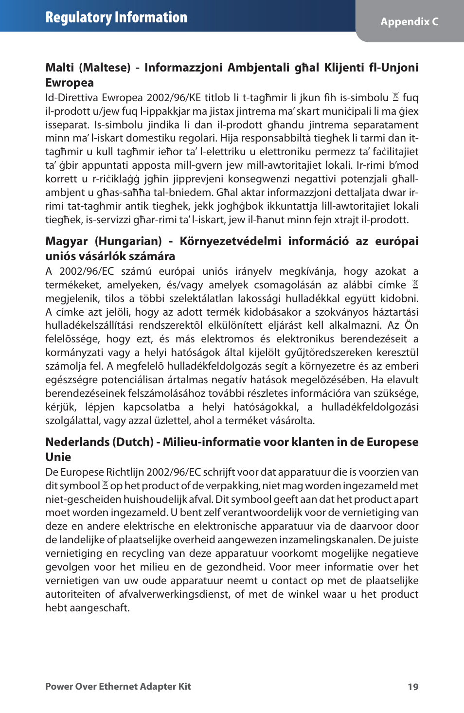 Regulatory information | Linksys WAPPOE User Manual | Page 23 / 28